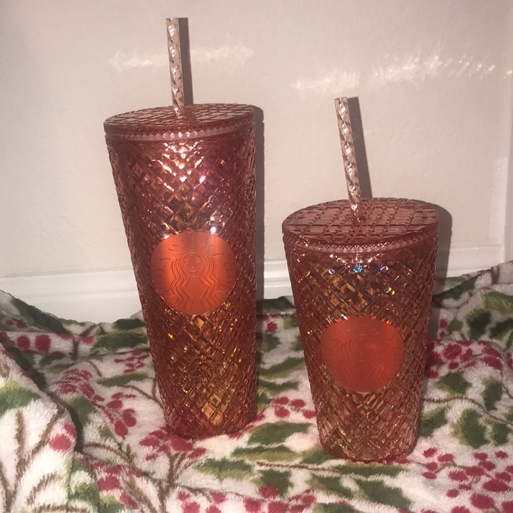 2021 Starbucks Holiday cup set in rose gold/pink jeweled tumbler 24 oz and 16oz